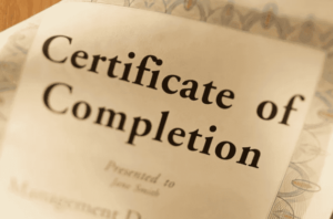 A certificate of completion is shown on top of the page.