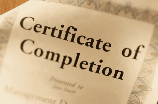 A certificate of completion is shown on top of the page.