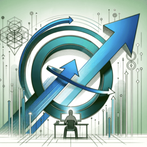 A man sitting at a desk with an arrow in the background.