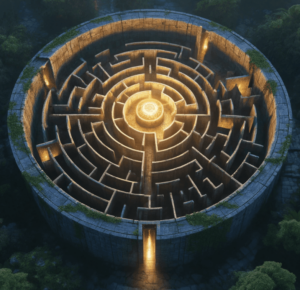 A round maze with light coming from the center.