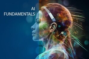 A woman with headphones on and the words ai fundamentals